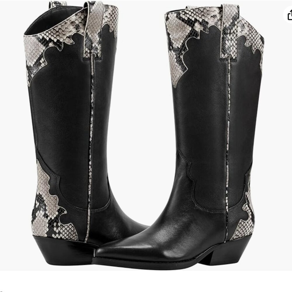 Marc Fisher LTD Leather Hilaria Western Cowboy Boots Black, Snake print 7